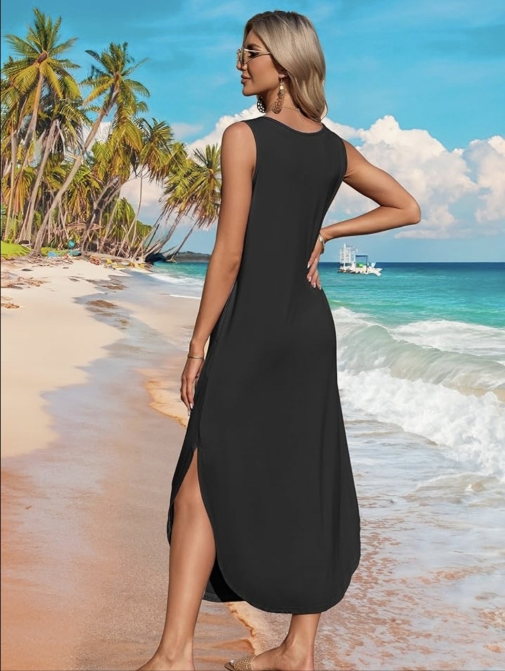 Sleeveless V-Neck Midi Dress with Side Slit - Black - Picture 3 of 3